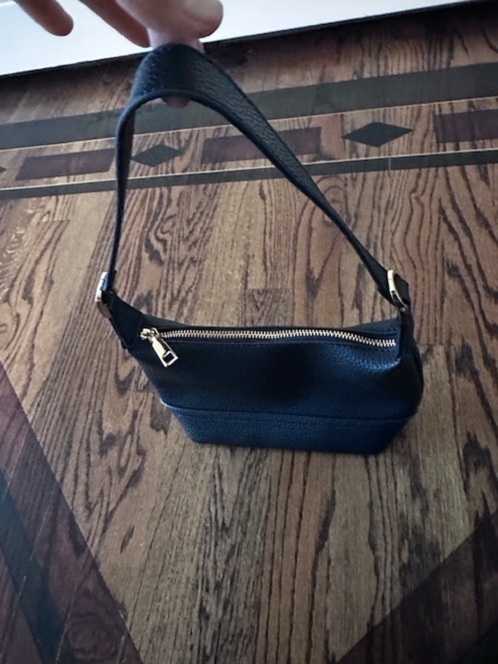 Black Leather Shoulder Bag with Gold Zip